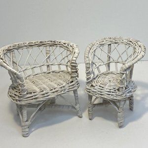 2 Piece Boho White Wicker Doll Chair Set Loveseat and Single